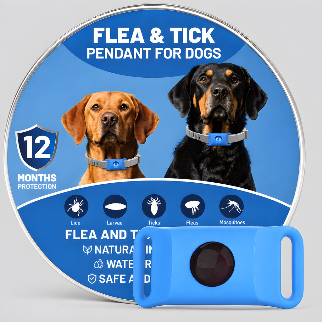 Colgante antiparasitos natural para perros, color azul, con su lata (alta resolucion)