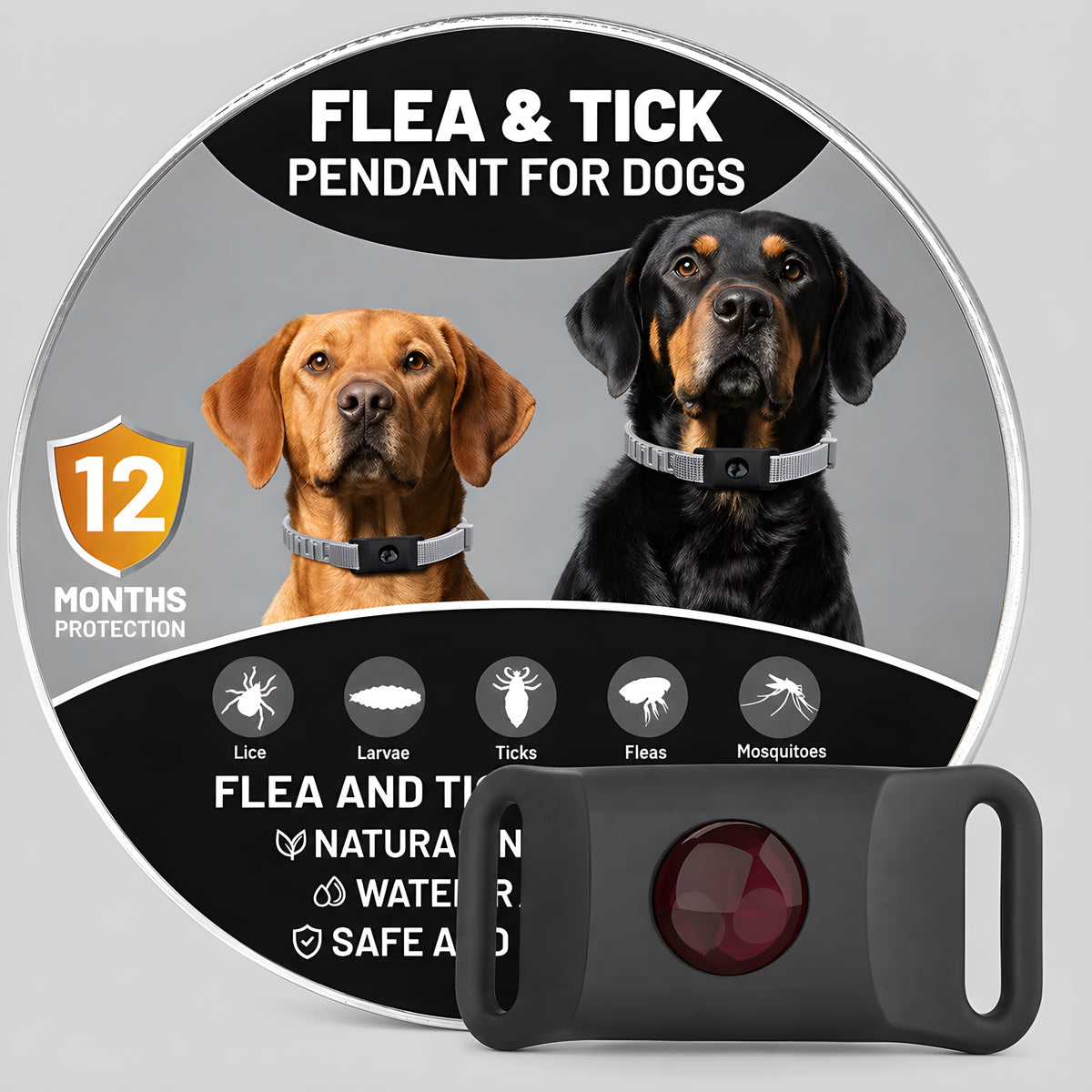 Colgante antiparasitos natural para perros, color negro, con su lata (alta resolucion)