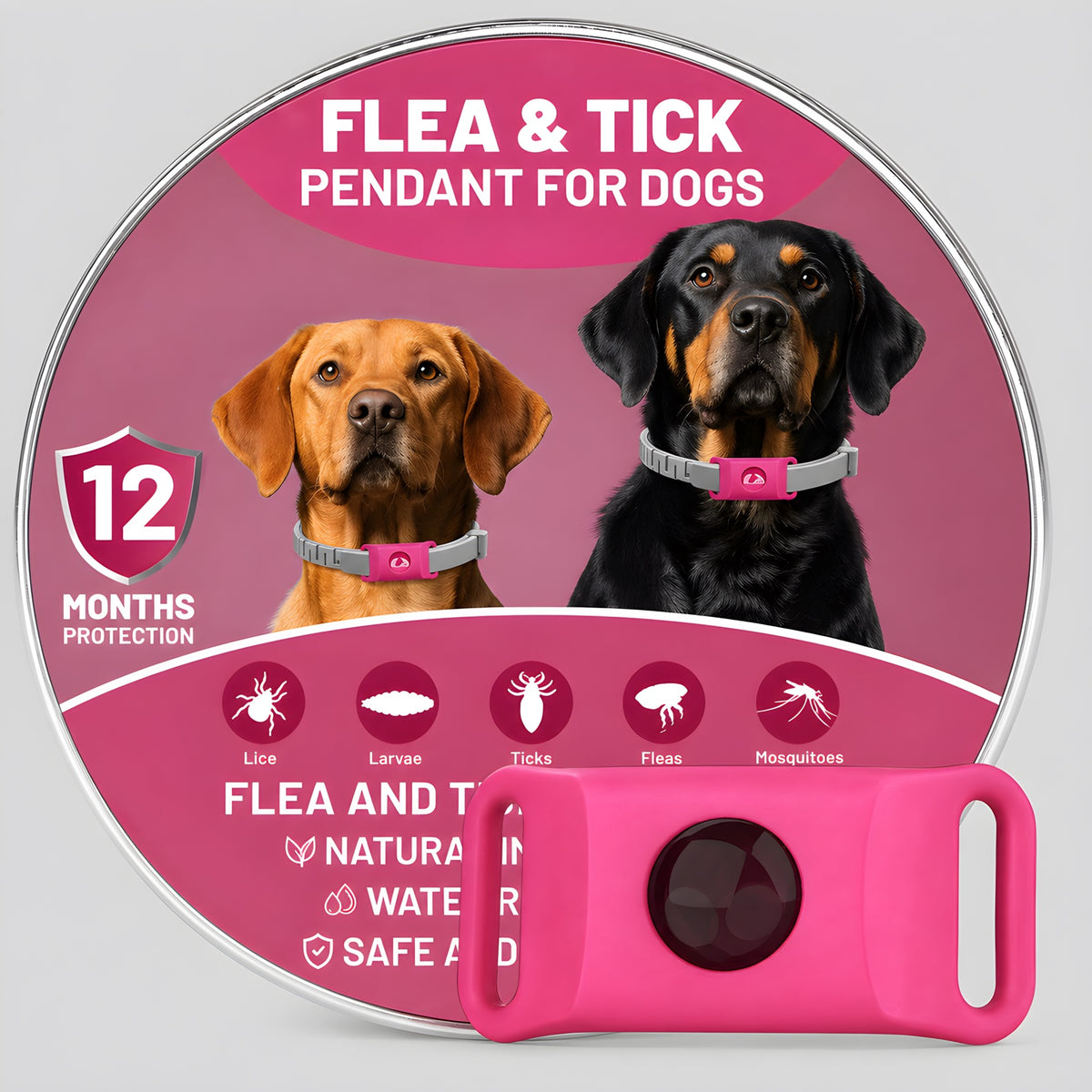 Colgante antiparasitos natural para perros, color rosa, con su lata (alta resolucion)