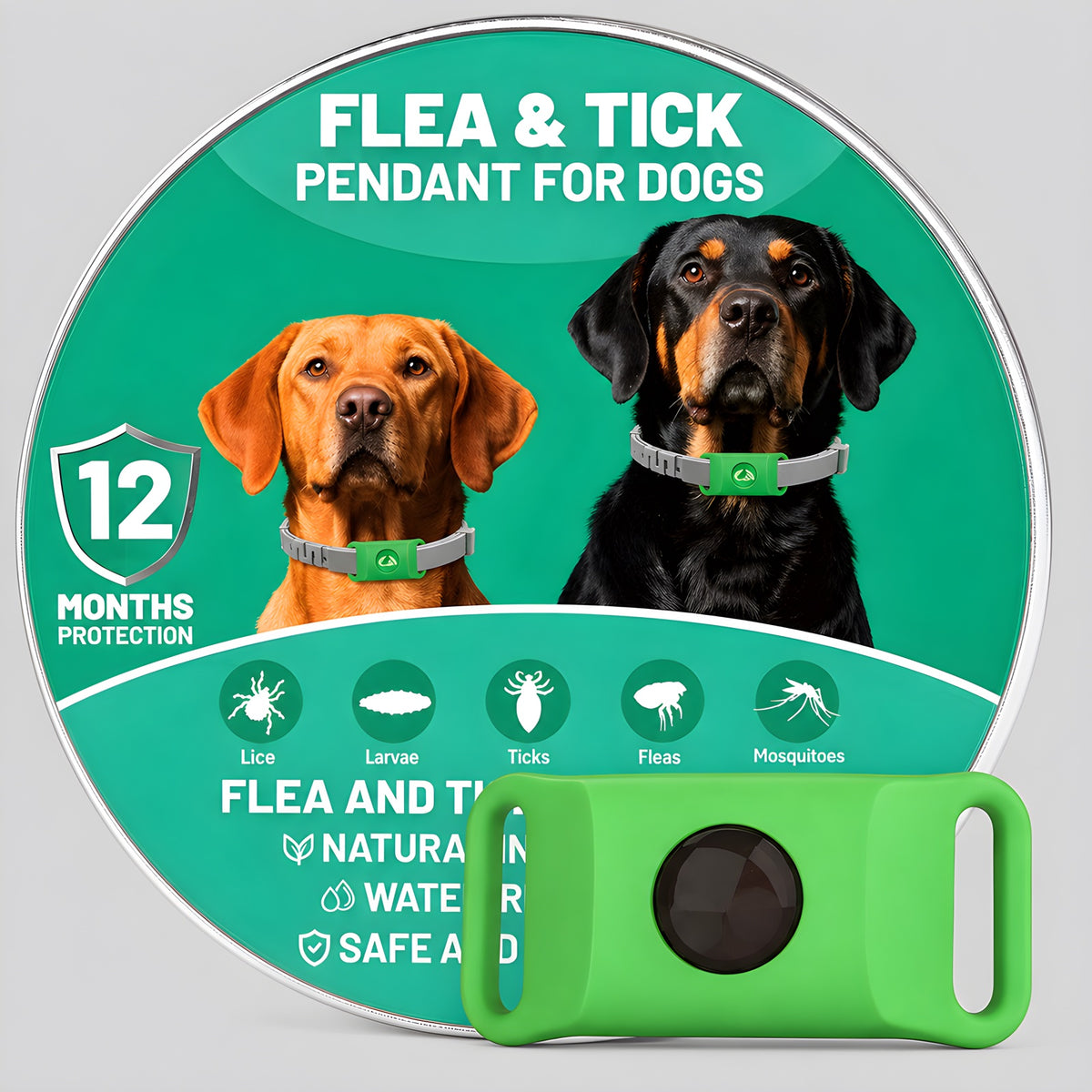 Colgante antiparasitos natural para perros, color verde, con su lata (alta resolucion)